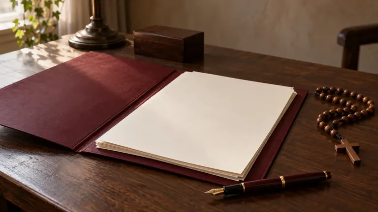 Diecezja pelplińska zmiany personalne: Czyste arkusze papieru, pióro i drewniany różaniec na ciemnym biurku