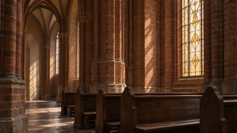 Kościół mariacki wnętrze: Drewniane ławki i ceglane sklepienia w świetle ornamentalnego okna