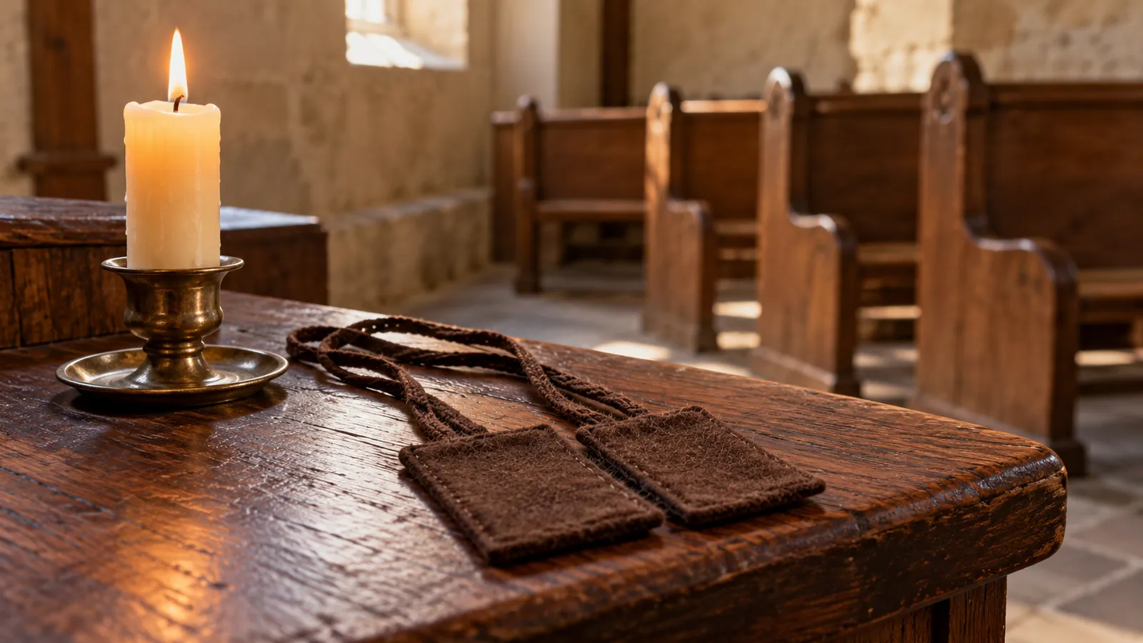 Kościół matki bożej szkaplerznej: Brązowy szkaplerz i płonąca świeca na drewnianej ławce kaplicy