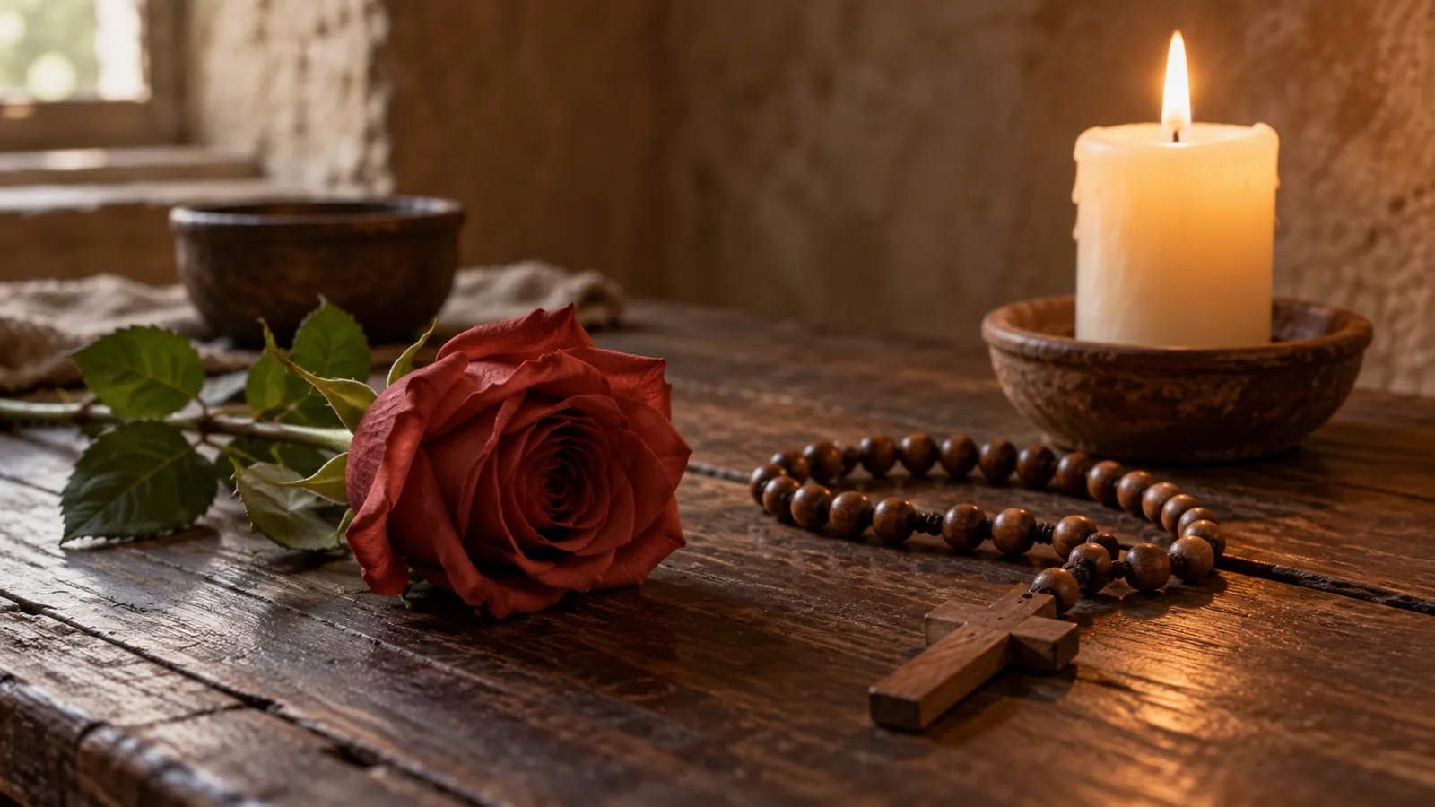 Modlitwa do św. Rity: Czerwona róża i drewniany różaniec obok zapalonej świecy