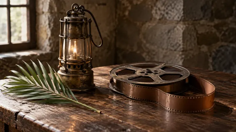 Święta barbara film: Lampa górnicza, gałązka palmowa i taśma filmowa na drewnianym stole